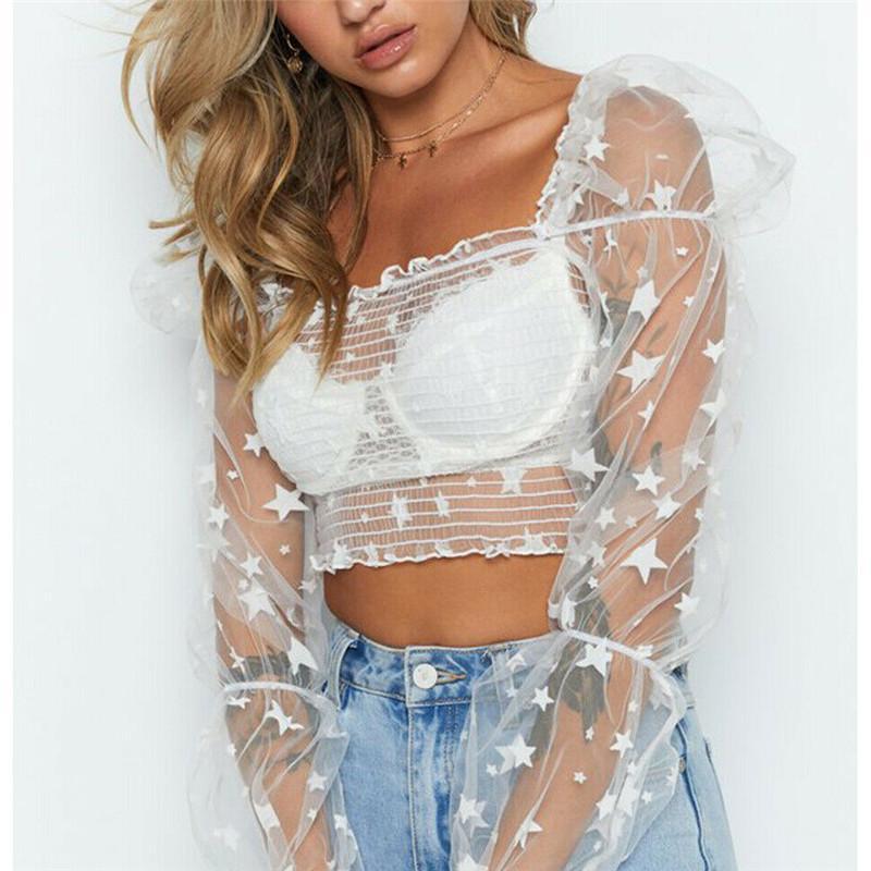

Women Sexy Sheer Beach Crop Tops Fashion Long Sleeve Ruffles Perspective Lace Mesh Shirt Blouse Square Collar See-through Blusas Women' Blo, Black