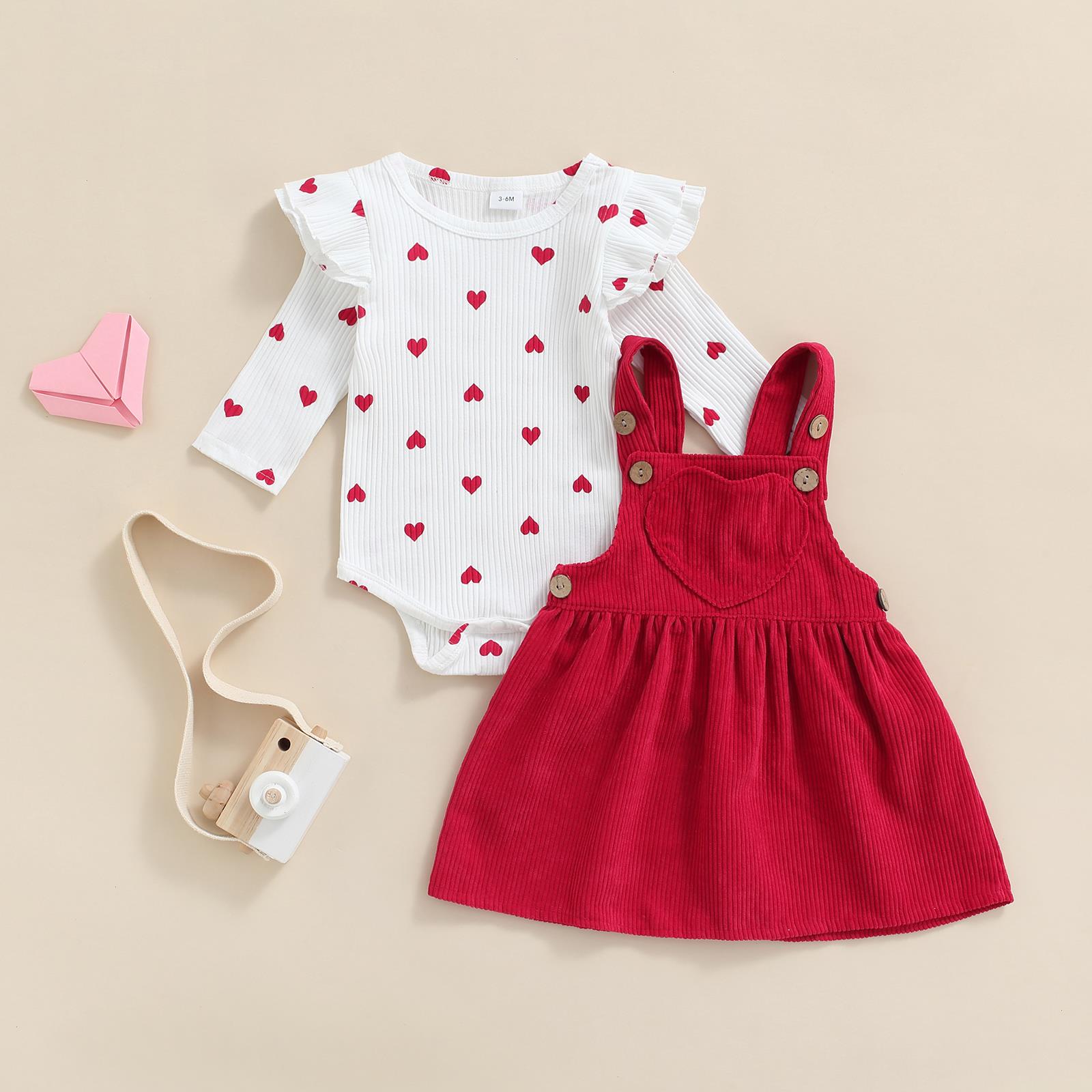 

Spring Valentines Day Infant Baby Girls Clothes Sets Heart Print Ruffles Long Sleee Bodysuits Suspender Skirts Outfit, As picture
