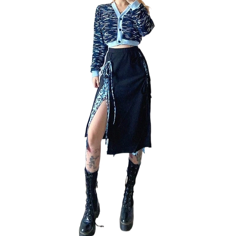 skirts 2022 Leopard Patchwork Split Women Fashion Streetwear Hight Waist A-Line Ladies Lace-Up Midi 60x8#-image-790071662