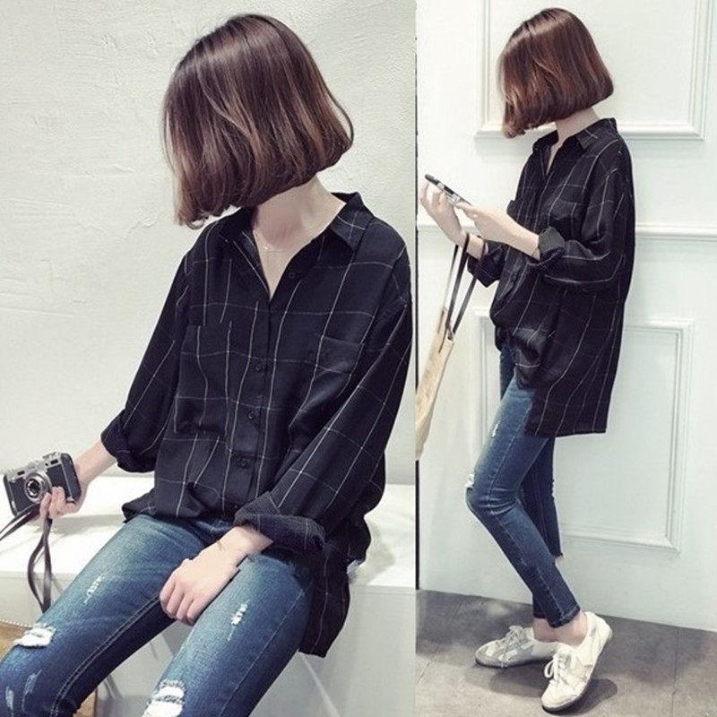 

Women' Blouses & Shirts Spring And Autumn Hong Kong Style Ins Plaid Shirt Men' Long-sleeved Korean Trendy Handsome Jacket Casual Loose Cou, Black