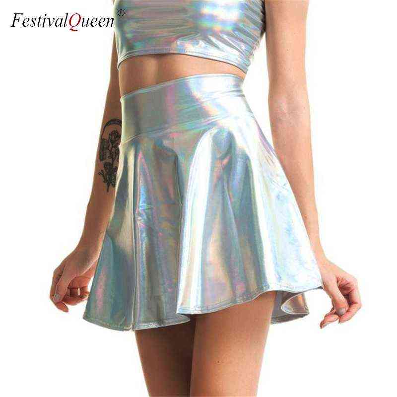 

2022 Sexy PU Flashing Metallic Colors Mini Skirts Women Elastic High Waist Pleated Skirt Flare Skirt Fashion Summer Streetwear T220819, Black