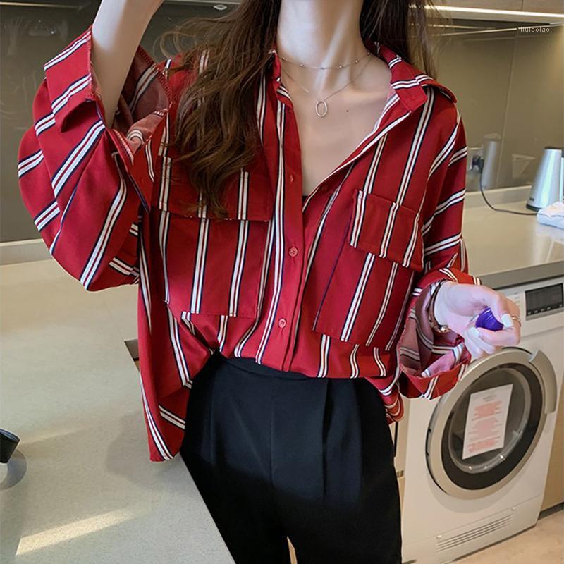 

2022Striped Shirt Blouse Women Loose Double Pocket Shirts For Ladies Plus Size Tops Red Striped Woman Casual Women's Blouses &