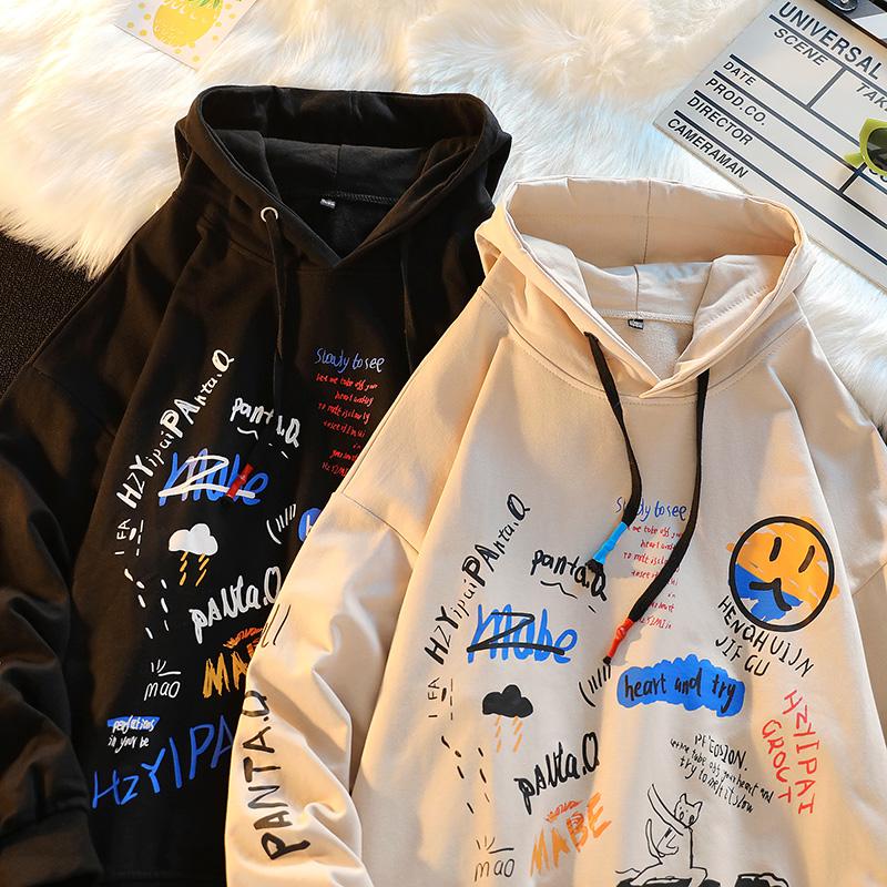 

Men's Hoodies & Sweatshirts Men Hip Hop Letter Print Pullover Cartoon Oversize Style Hooded Sweatshirt Lover High Street Streetwear, Black
