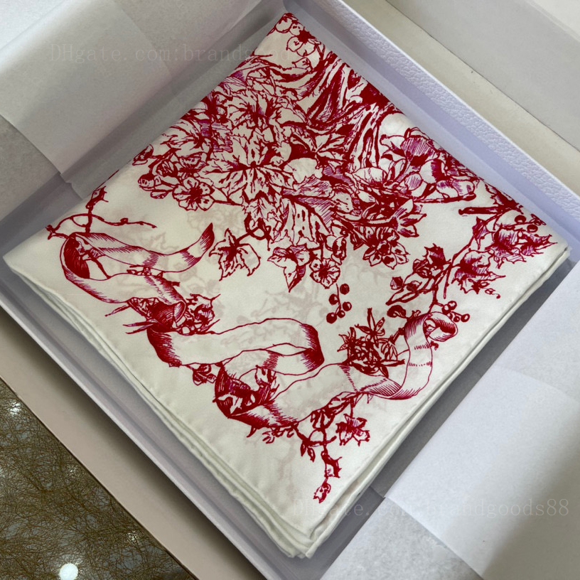 Top quality Red floral Designer Silk design Women's D Scarf Women's new style Scarves Wholesale Light color Plant pattern Print Casual