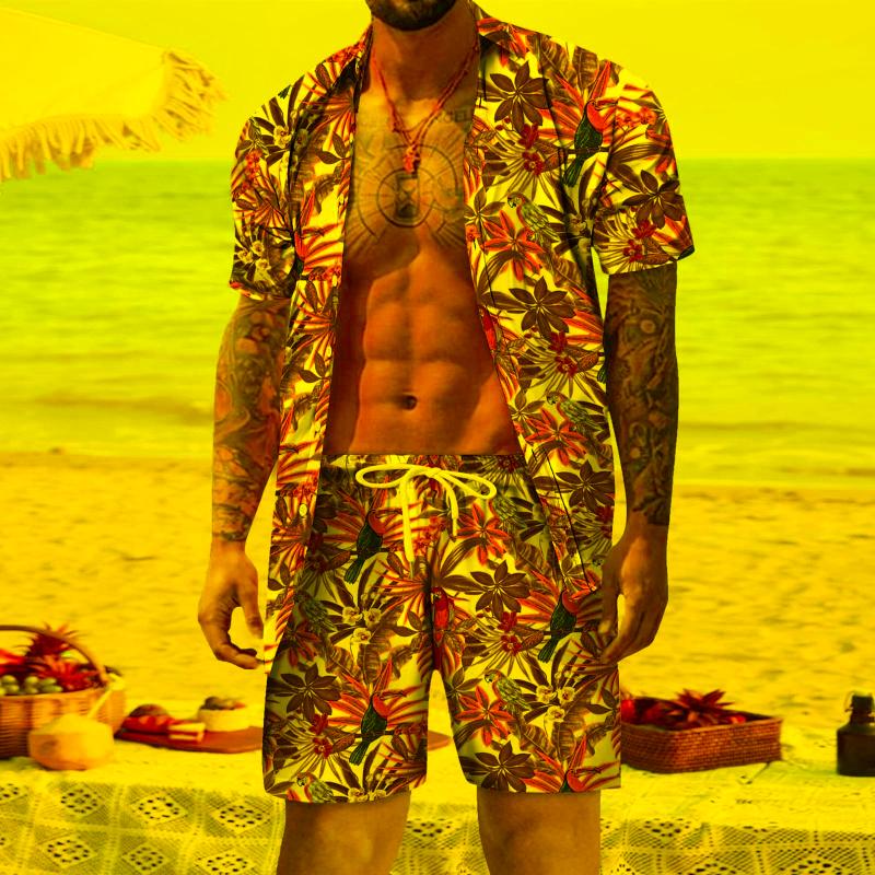 

Men' Tracksuits Mens Bathing Suit Spring Summer Casual Beach Buttoned Short Sleeve Shirt Printed Shorts SetMen, Black