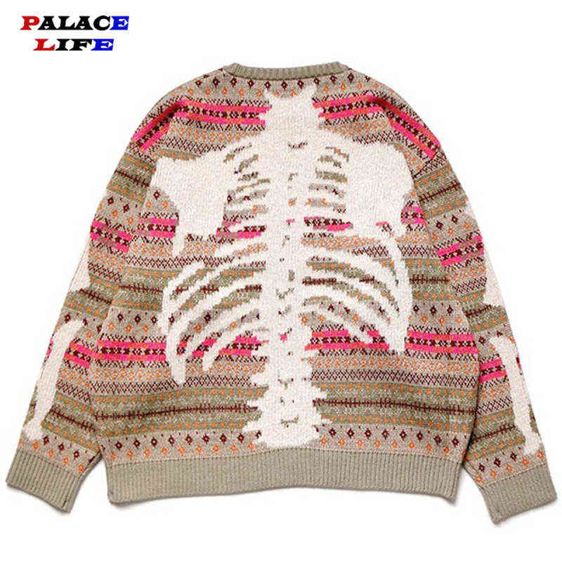 

Sweater Knitted Men' Plaid Skeleton Print Pullover Vintage Pattern Autumn Sweaters Casual Male Oversized High Quality Sweater T220730, As shown