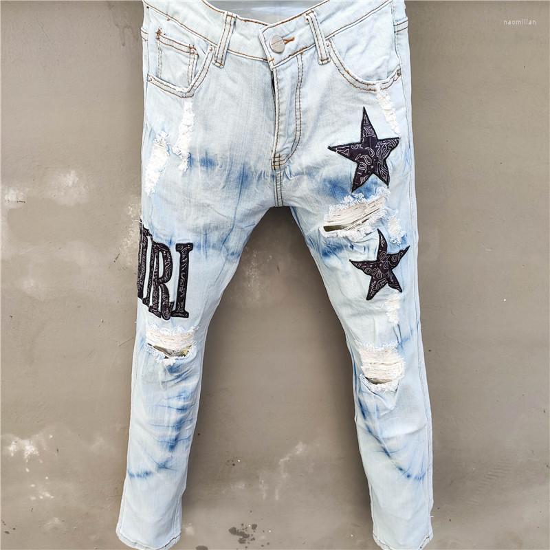 

Men's Jeans High Quality Letter Star Jean Men Embroidery Patchwork Ripped For Trend Brand Motorcycle Pant Mens SkinnyMen's Naom22, Picture
