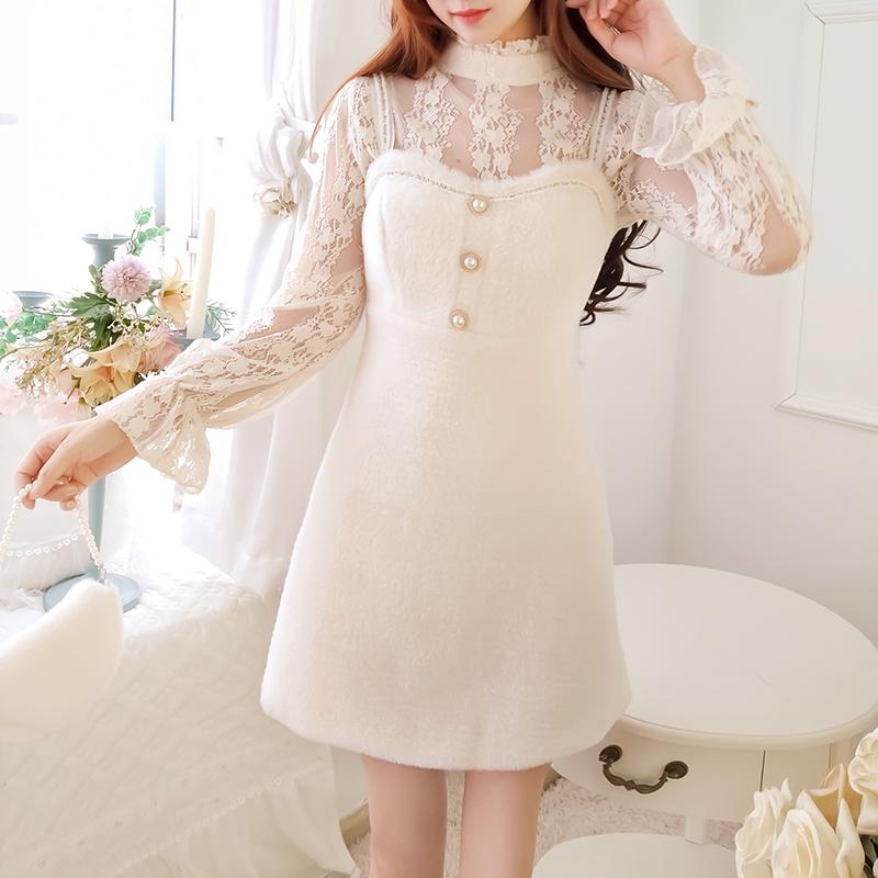 

Work Dresses 2022 Autumn Elegant Women Lace Blouse Top And Sling Dress Warm Winter 2Piece Set Slim, Pink