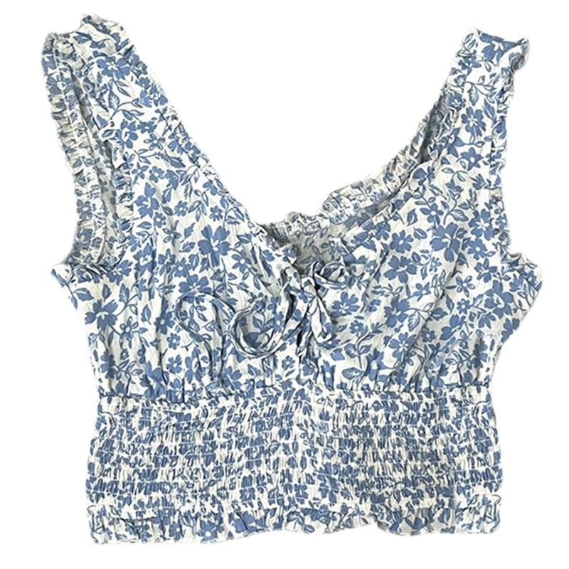 

Women' Tanks & Camis Women Sleeveless Ruffle Trim Crop Tank Top Sexy V-Neck Lace-Up Front Floral Print Camisole Shirred Elastic Waist VestW, Black