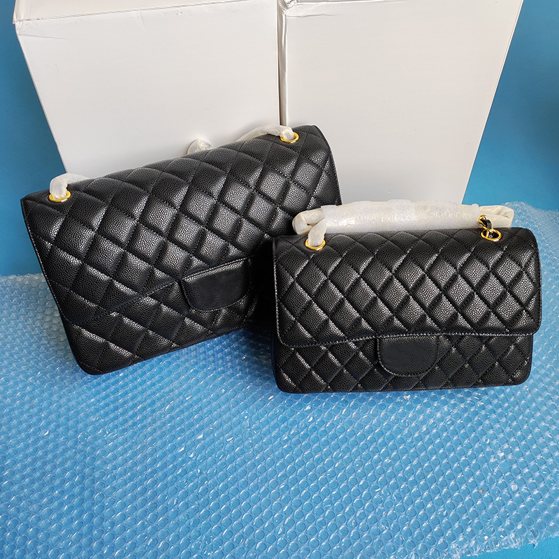 

25cm/30cm Classic Double Flap Jumbo Caviar Leather Black Bags Gold Metal Hardware Quilted Matelasse Chain Crossbdoy Shoulder Womens Luxury Designer Handbags, Box