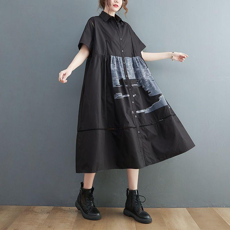 

Casual Dresses Summer Loose Literary Hollow Out Stitched Short Sleeve Printed Shirt Dress BlackCasual, Black