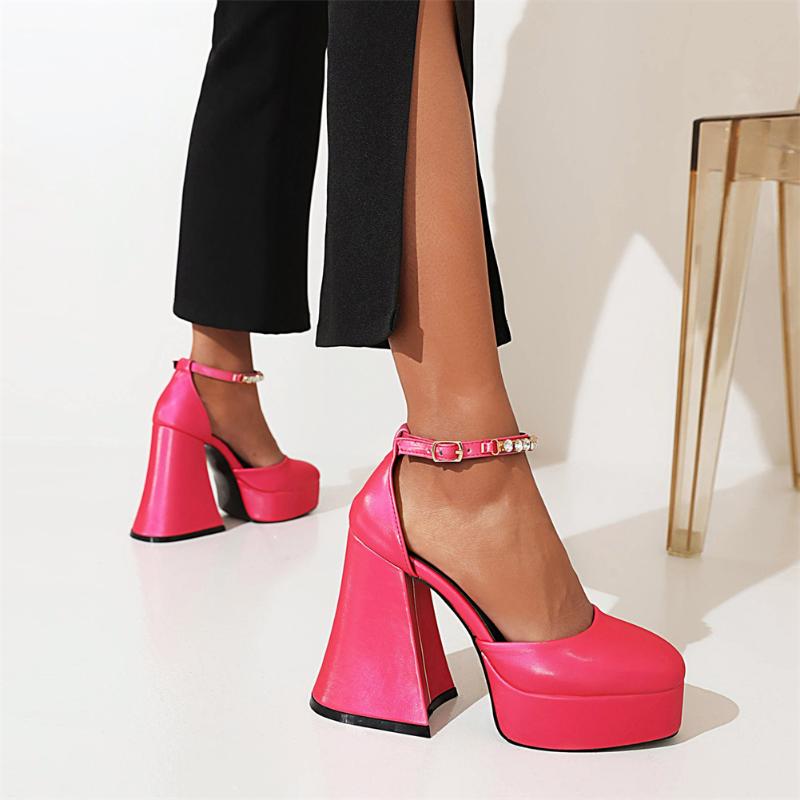 

Sandals Female Platform Ankle Strap Flared High Heels Summer For Women Solid Silk Crystal Elegant Office Lady Brand Design ShoesSandals, Rosyred b
