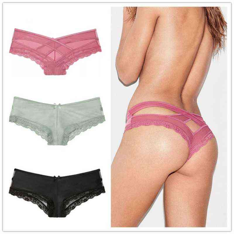 

3PCS Women Lace Low-waist Panties fors sexy Solid Brief Female Underwear Cross Strap Hollow out Lingerie G String Underpant T220810, Pink