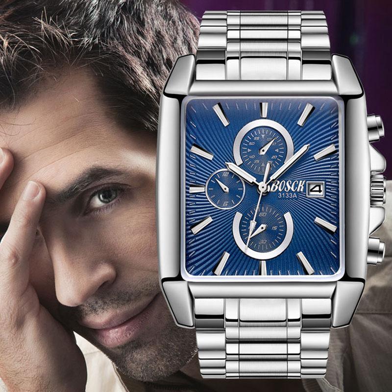 

Wristwatches Rectangle Fashion Men Wristwatch Stainless Steel Watchband Casual Business Watches Sports Waterproof Big Dial Clock Male Watche, Black