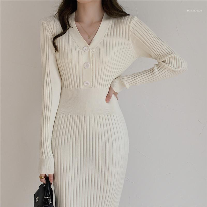 

Casual Dresses Knitted Long Sleeve Dress Women 2022 Slim Bodycon Autumn Korean Elegant Fall Winter Button V Neck Sweater Midi Ribbed C216, Black
