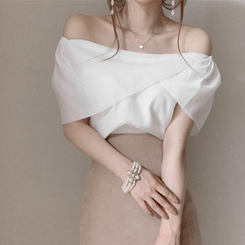 

Women's Blouses & Shirts Chic Summer Fashion Sexy Slash Off Shoulder Short Sleeve White Chiffon Blouse Women Slim Black Shirt Top Blusas Muj, Beige