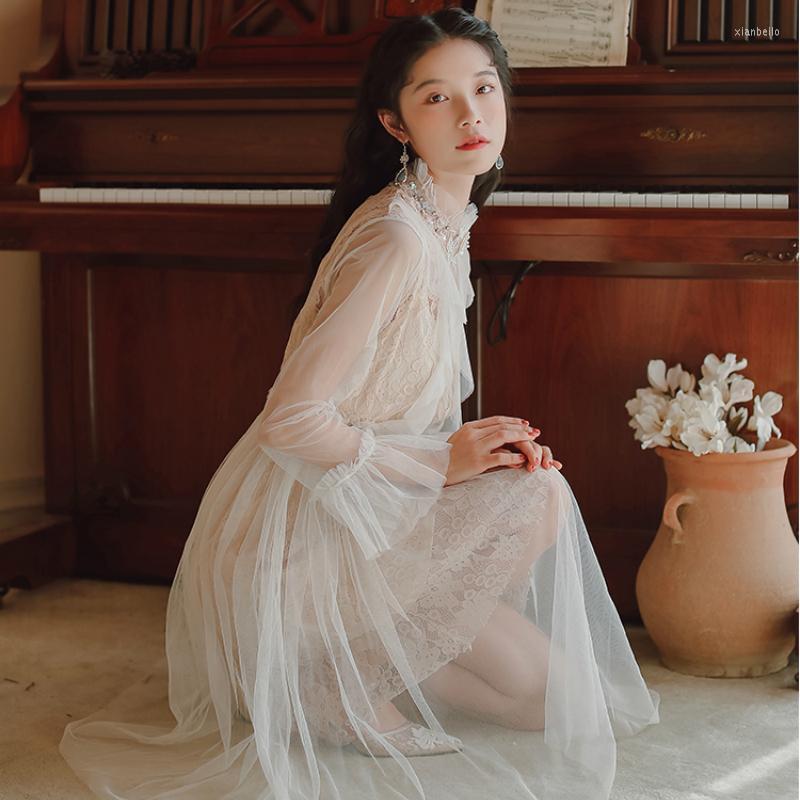 

Casual Dresses Mazefeng 2022 Spring Autumn Women Lace Ruffles Elastic Waist Pullover Fashionable Long A-line, Beige