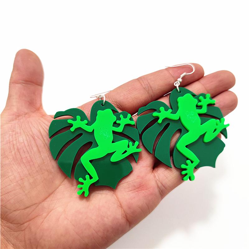 

Dangle & Chandelier Green Rainforest Frog Women Drop Earrings Monstera Leaves Animal Trendy Big Jewelry Accessories