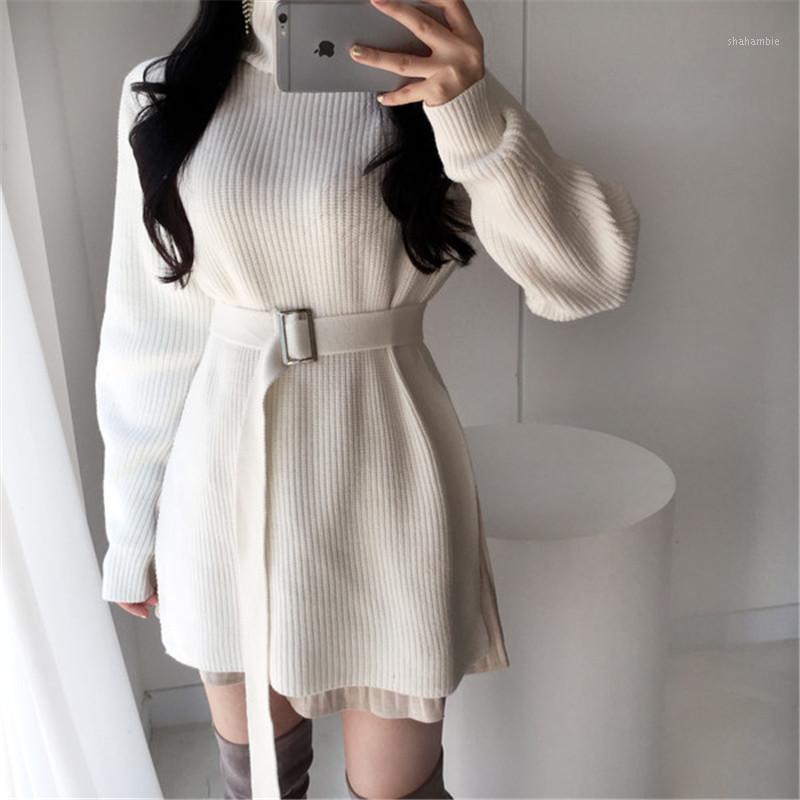 

Elegant Tunic Belted Knitted Dress Women Autumn Winter Sweater Fashion Korean Turtleneck Side Split Pullover Vestido, Black