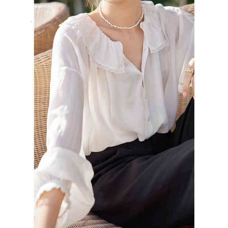 Women's Polos Acetate Tencel Blended Ruffle white long sleeved shirt women's 2022 early spring top fashionable age reduction sweet IIAJ