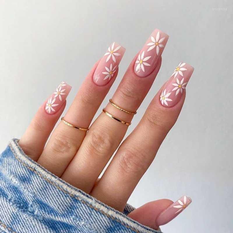 

False Nails 24pcs Detachable Long Coffin With Flower Designs French Ballerina Fake Full Cover Nail Tips Press On Prud22, Other