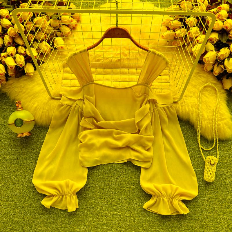 

Women's Blouses & Shirts French Chic Shirt Off Shoulder Long Sleeve Short Tops Spring Autumn Women's Solid Color High Street Blouse Muje, Pink