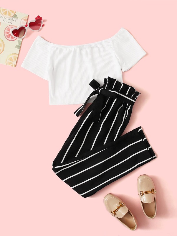

Girls Rib-knit Crop Tee and Paperbag Waist Striped Pants Set SHE, Black and white