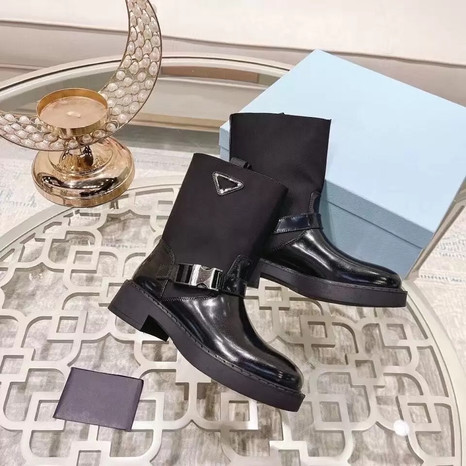 

High quality Womens Designer Boots Leather Martin Ankle triangle letter nylon cowhide Boot Fashion Non-slip Rubber Outsole Elastic Webbing Luxury low heels
