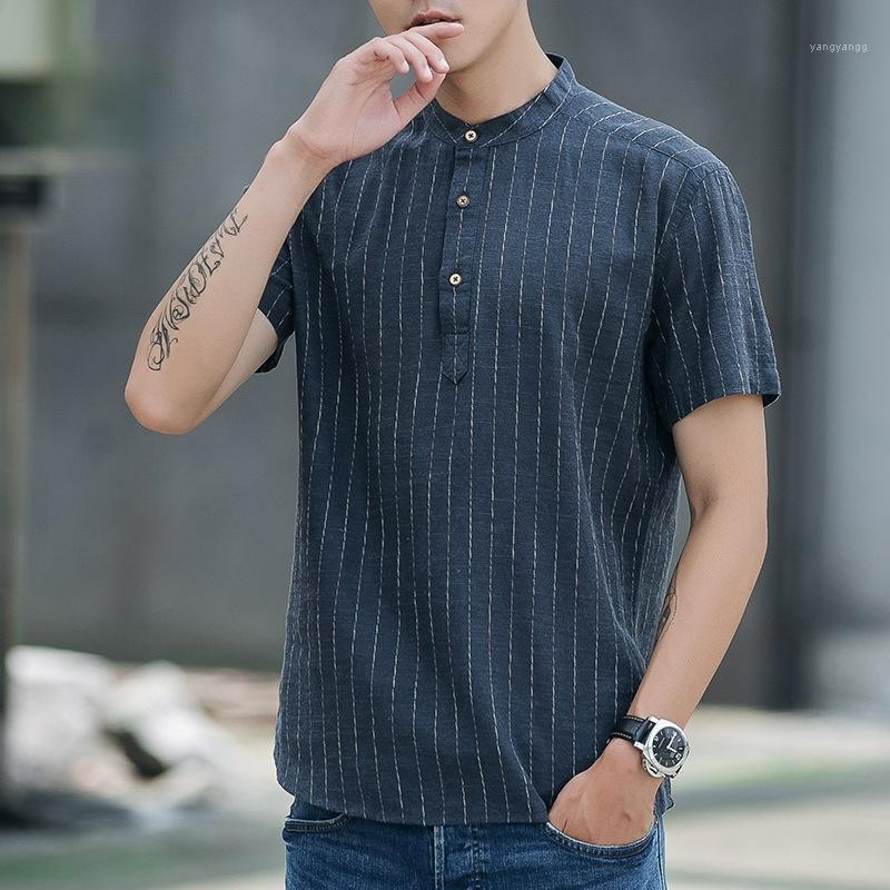 

Men's Casual Shirts 2022 Spring Summer Clothing Linen Short-sleeved Slim-fit Striped Stand-up Collar Shirt Cotton, Black