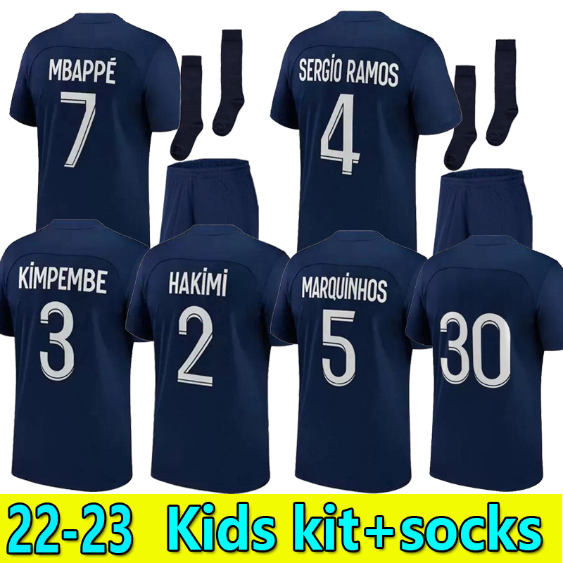 

Kids kit Socks MBAPPE HAKIMI soccer jerseys 22 23 SERGIO RAMOS WIJNALDUM Maillots de football shirt pSGS 2022 2023 set messi uniform enfants maillot de foot, Away