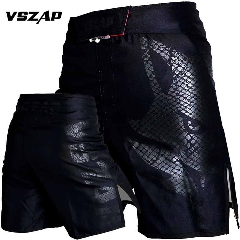 

Men Shorts VSZAP Brand Fitness Workout MMA Muay Thai Fighting Muscle Training Polyester Quick Drying 220318, Black