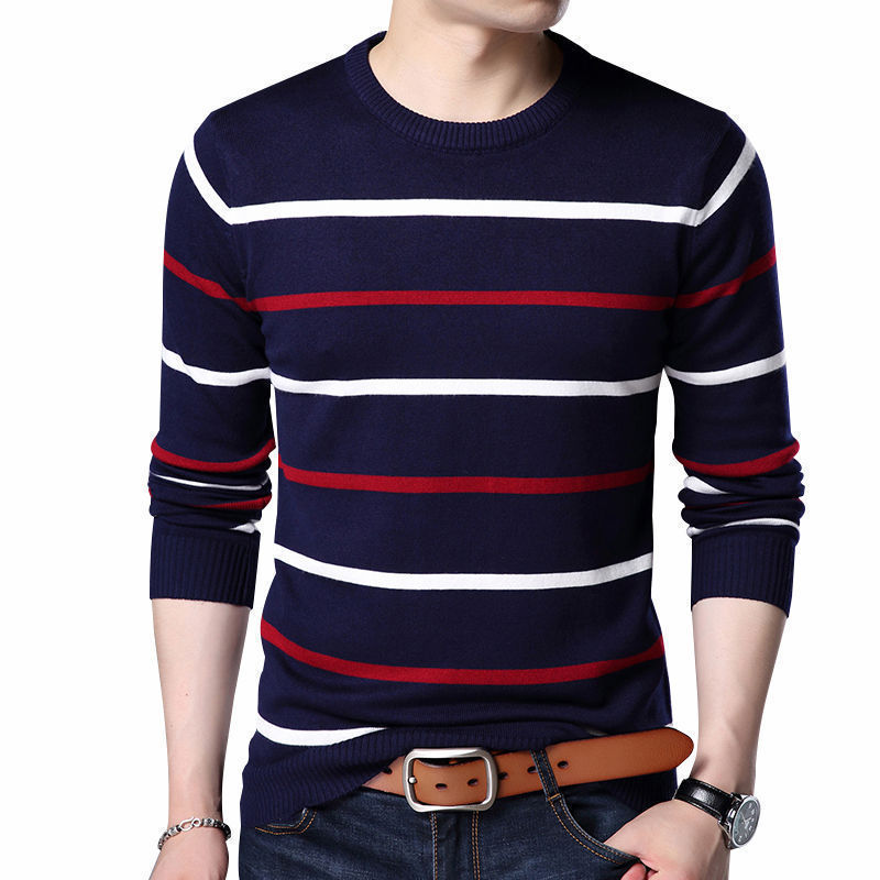 

Men's Sweaters Pullover Men Brand Clothing Autumn Winter Wool Round Collar Slim fit Sweater Men Casual Striped Pull Jumper Men 220826, Navy