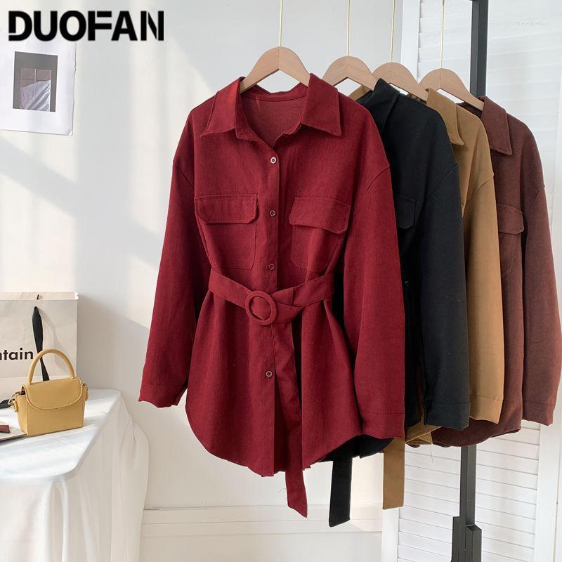 

Women' Blouses & Shirts Corduroy Long Sleeve Women Solid Buttons Pockets Turn-down Collar Blouse Simple Elegant Sashes Vintage Shirt TopWom, Khaki
