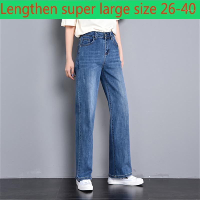 

Women's Jeans High Quality Spring Blue Super Large Waist Elastic Full Length Softener Loose Wide Leg Pants Casual Plsu Size 26-40
