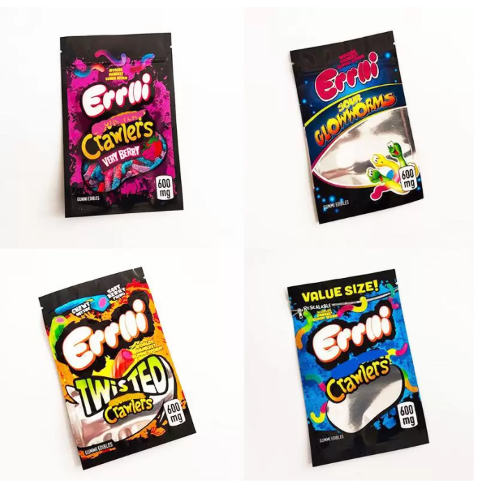 

4 styles Errlli gummi edible bags in stock Errllii gummii packaging bagss 600mg very berry twisted brite Crawler mylar bag