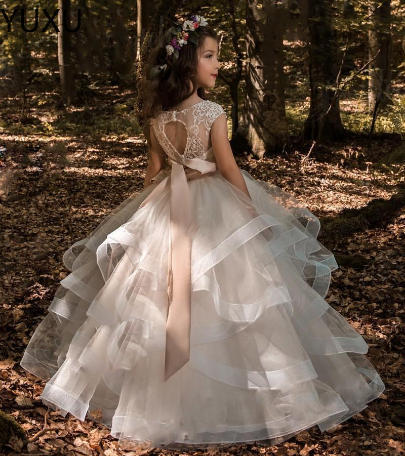 Dentelle Tulle Robes De Fille De Fleur Arcs Robe De Première Communion Pour Enfants Princesse Robe De Bal Robe De Fête De Mariage Stock 2-14 Ans