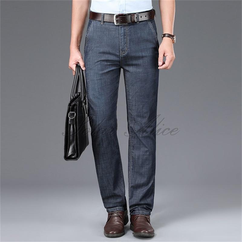 

Men's Jeans Four Seasons Men's High Waist Straight Elastic Thin Middle-aged And Casual PantsMen's, Light blue