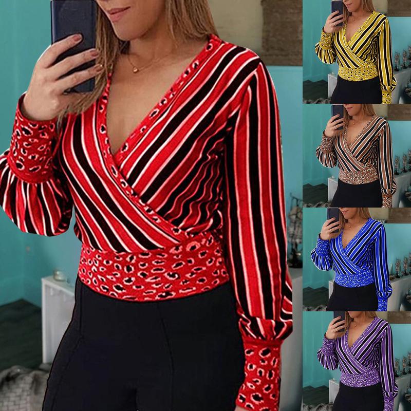 

Women's Blouses & Shirts Women Sexy Deed-V Leopard Stripes Printed Long Sleeve Shirt Lady S-2XL, White