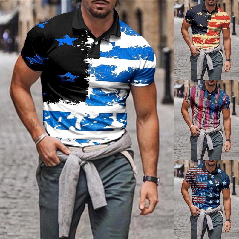 

Men's Polos Shirts For Men Summer Casual Independence Day American Flag Print Wicking Lapel Short Sleeve Tee Comfy T-shirts HommeMen's Men's, Blue