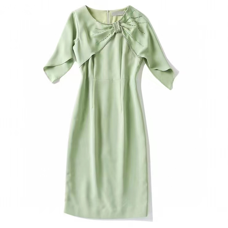 

European and American women' wear spring 2022 new Short sleeve cape sleeve collar green Nail bead Fashion dress