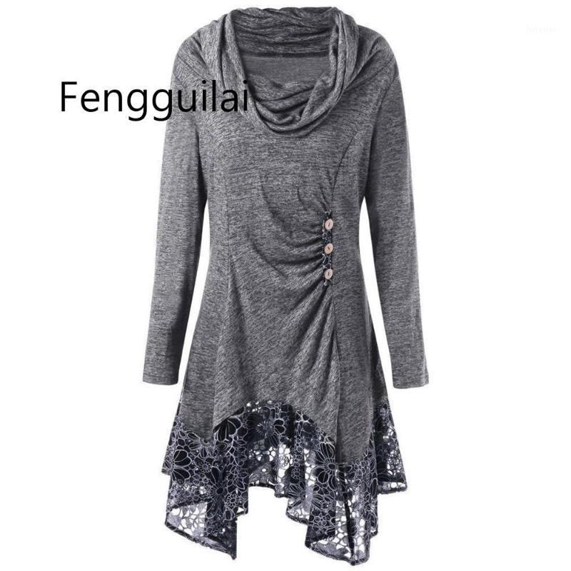 

Plus Size Autumn Women Blouses Long Sleeve Scarf Collar Patchwork Shirts Irregular Hem Casual Female Blouse Shirt Women, Black