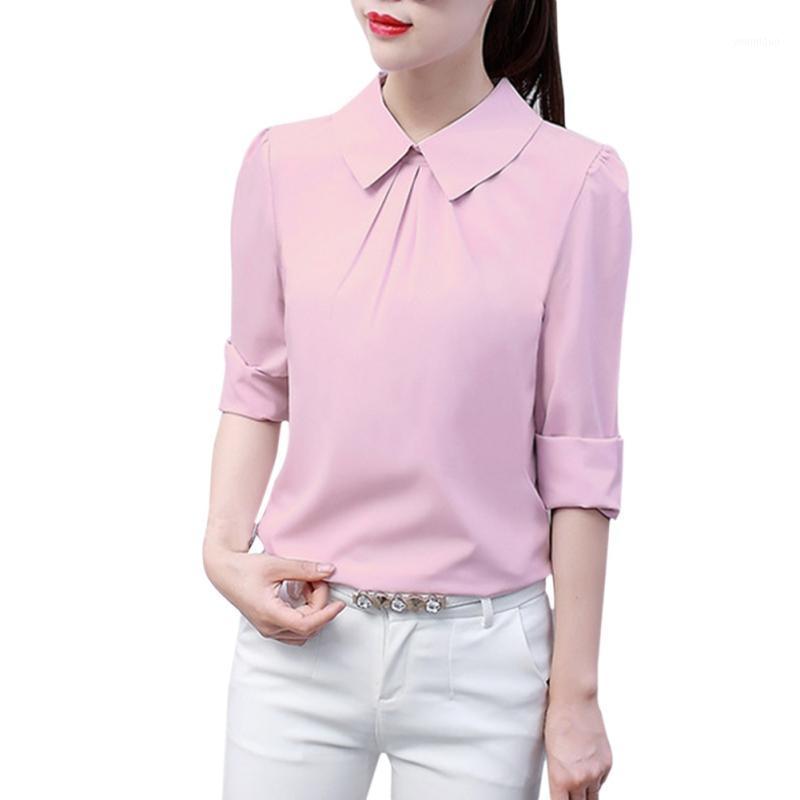 

Women Tops Blouses Fashion Top Femme Turn-Down Collar Long Sleeve Solid Blouse Shirts P2 Women, White