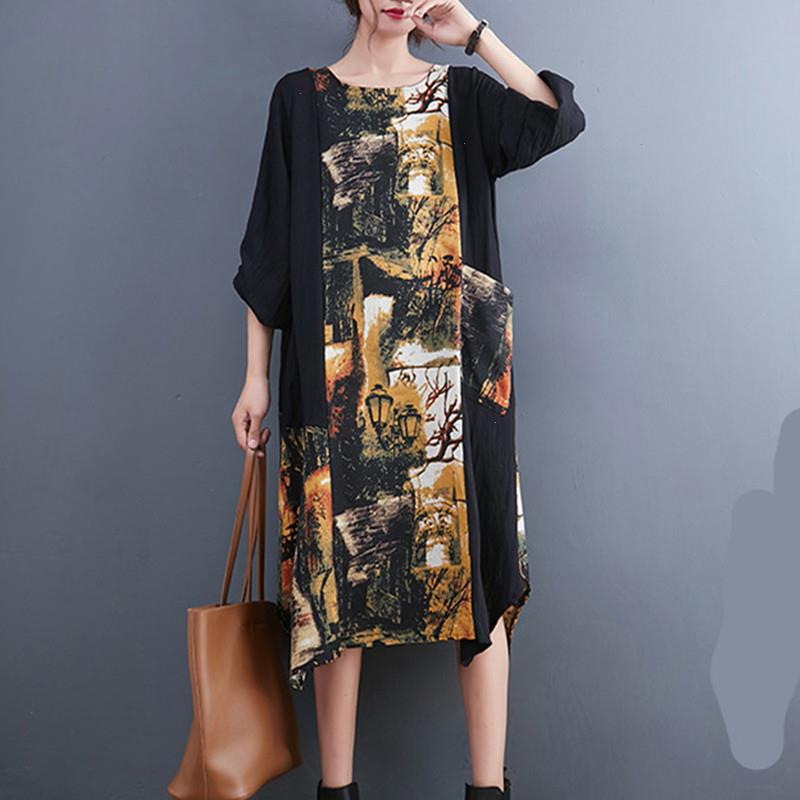 

Arrival Korea Style Patchwork Fashion Women Casual Spring Dress Soft Cotton Linen Print Tie Dye Office Lady Work, Black