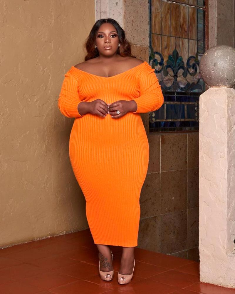 

Plus Size Dresses Women Fall Clothing Knitted Bodycon Dress V Neck Long Sleeve Casual Super Stretch Maxi Wholesale Drop, Black