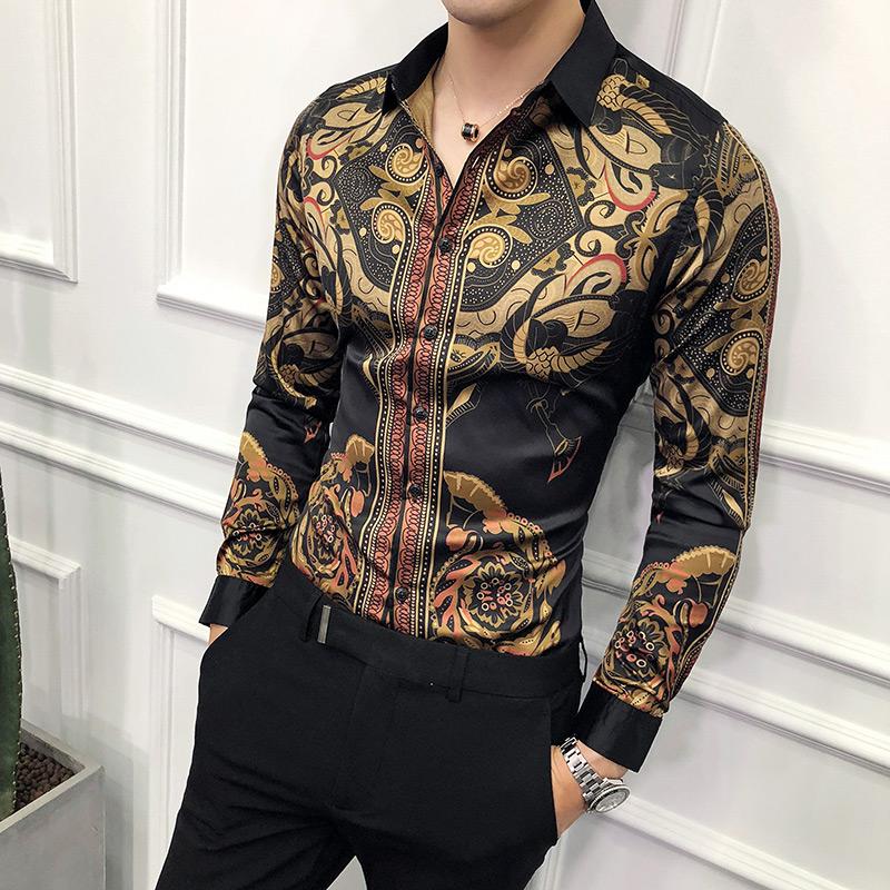 

Men's Dress Shirts Luxury Black Gold Shirt Male 2022 Slim Long Sleeve Petticoat Fashion Men's Social Club Formal Evening ShirtMen's
