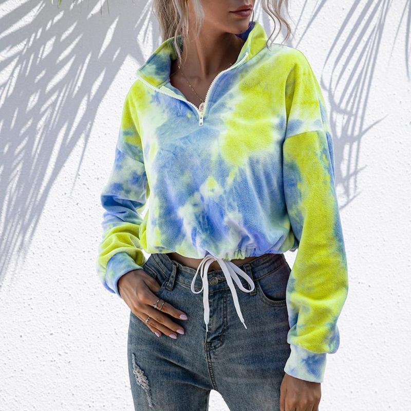 

Water Color Crop Stylish Women Stand Collar Zipper Sweatshirt Tie Dye Drawstring Short Hoodie Autumn Long Sleeve Hoodies Women' & Sweatshir, Grey
