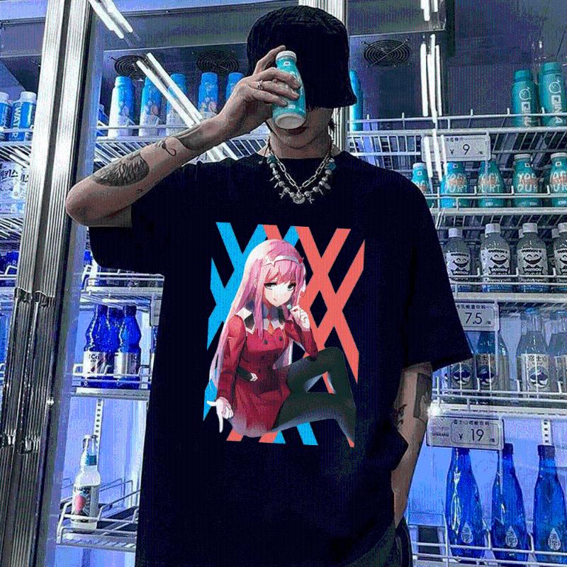 

Men's T-Shirts Zero Two Darling In The Franxx Aesthetic Anime T Shirt Summer Oversized Cotton T-shirt Short Sleeve Japanese Cartoon TShirt T, Black