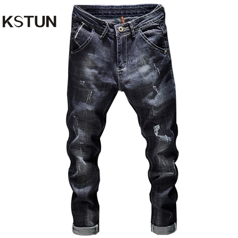 

KSTUN Ripped Jeans Men Dark Blue Stretch Slim Fit Distressed Streetwear Denim Pants Casual Retro Biker Jeans Man Trousers Hiphop 201128