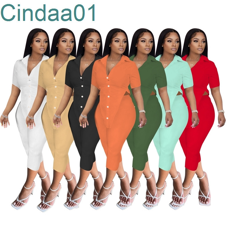 

Summer 2 Piece Pants Outfit For Women Designer Button Fashion Irregular Breasted Cardigan Top Shirt Leggings Suit, Orange