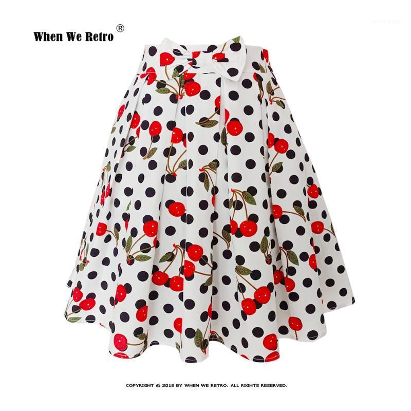 

Vintage Style Polka Dots Cherry Printed Retro Skirt SS0012 Plus Size Y2K With Pockets Cotton Women Pleated Midi Summer Skirts, Cherry dots y